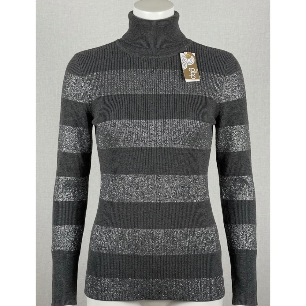 Gap Womens XL Metallic Striped Turtleneck Sweater Gray Silver Glitter Ribbed